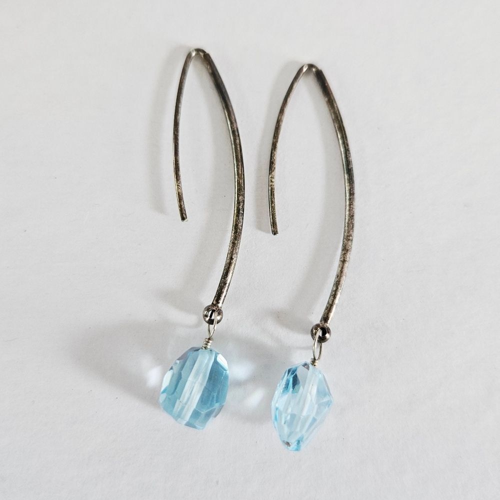 Vintage Sterling Silver 925 Aquamarine Topaz Crystal Threader Open Drop Earrings